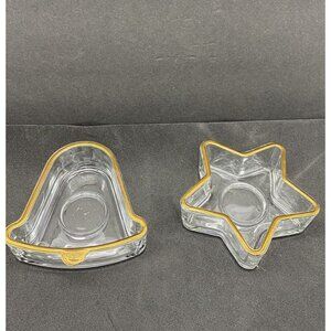 VTG Indiana Glass Christmas Bell & Star Candle Holders Holiday Gold Rim Set of 2